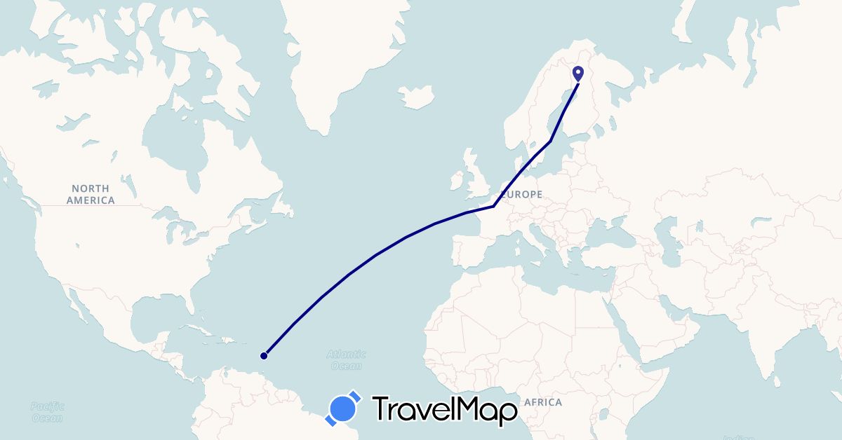 TravelMap itinerary: driving in Finland, France, Martinique, Sweden (Europe, North America)